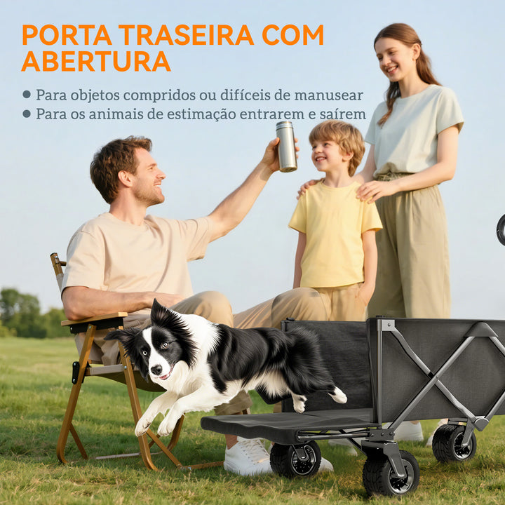 Carrinho de Praia com Rodas Grandes Carrinho de Jardim Dobrável com Puxador Ajustável Porta Traseira Expansível Capacidade 100 kg 90x48x92 cm Preto