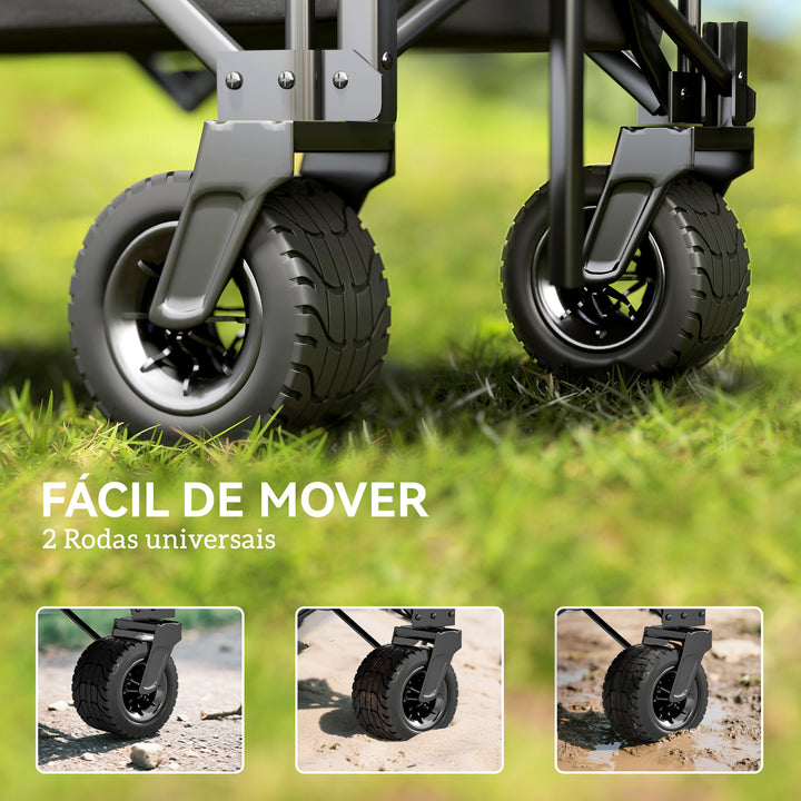 Carrinho de Praia com Rodas Grandes Carrinho de Jardim Dobrável com Puxador Ajustável Porta Traseira Expansível Capacidade 100 kg 90x48x92 cm Preto