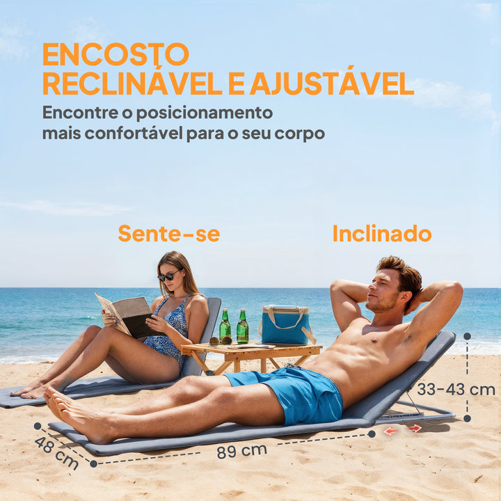Conjunto de 2 esteiras de praia com encosto reclinável em 5 níveis, bolsa de transporte e apoio de cabeça 48x134x36-45 cm cinza