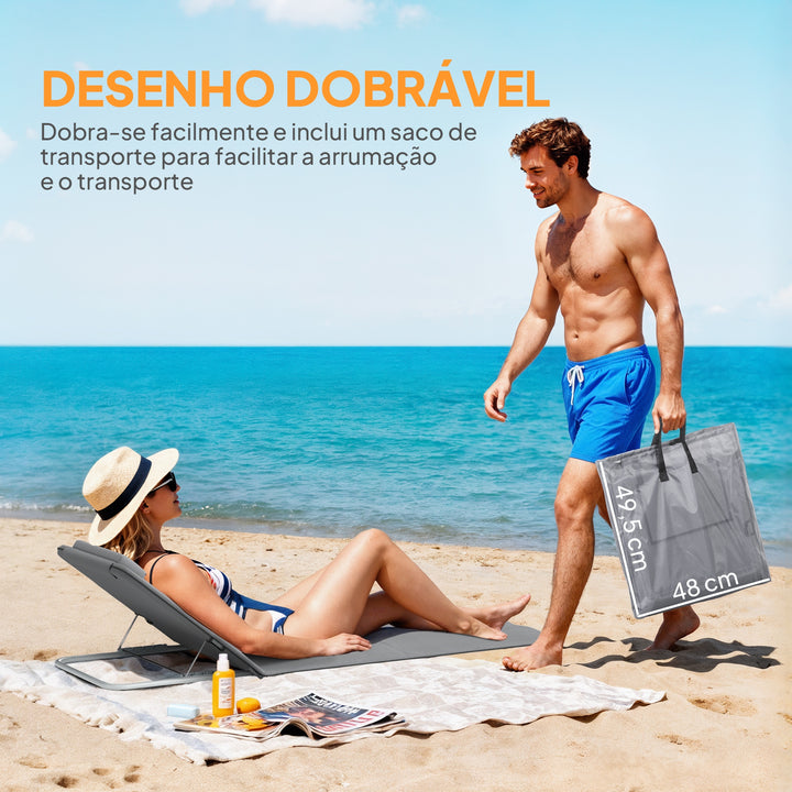 Conjunto de 2 esteiras de praia com encosto reclinável em 5 níveis, bolsa de transporte e apoio de cabeça 48x134x36-45 cm cinza