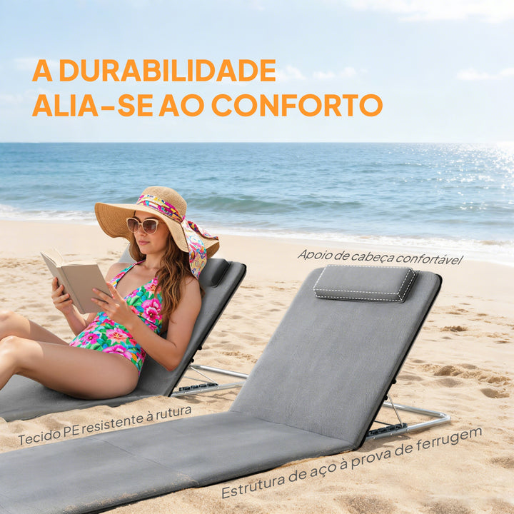 Conjunto de 2 esteiras de praia com encosto reclinável em 5 níveis, bolsa de transporte e apoio de cabeça 48x134x36-45 cm cinza