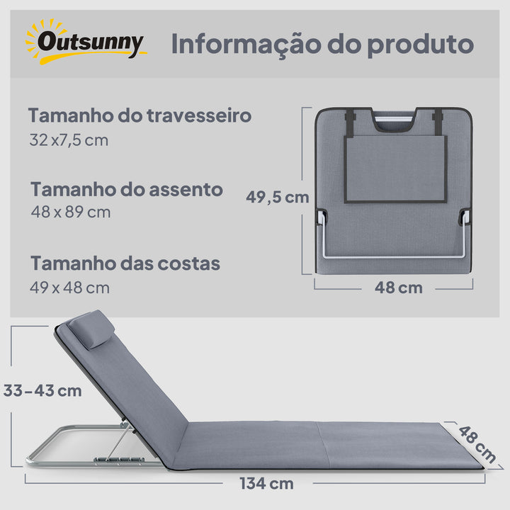 Conjunto de 2 esteiras de praia com encosto reclinável em 5 níveis, bolsa de transporte e apoio de cabeça 48x134x36-45 cm cinza