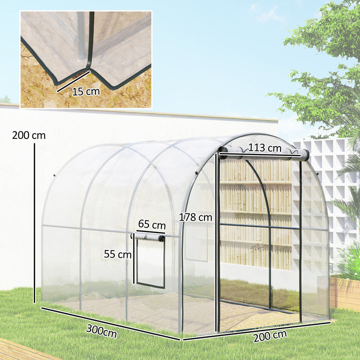 Estufa de Exterior 3x2x2 m Estufa Túnel com Porta Enrolável 2 Janelas de Rede Cobertura de Plástico e Estrutura de Aço Anti-UV para Cultivos Plantas Flores Transparente