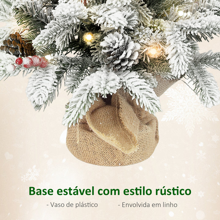 Árvore de Natal com 35 Luzes LED 60 cm Mini Árvore de Natal Artificial com 182 Ramos com Neve Pinhas Bagas e Base de Saco de Juta Decoração de Natal de Mesa para Casa Escritório Verde