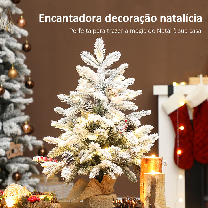 Árvore de Natal com 35 Luzes LED 60 cm Mini Árvore de Natal Artificial com 182 Ramos com Neve Pinhas Bagas e Base de Saco de Juta Decoração de Natal de Mesa para Casa Escritório Verde