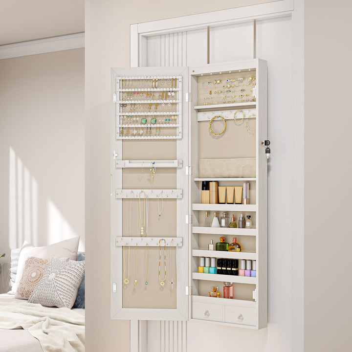 Espelho de Joias com Luz LED, Armário Montado na Parede ou Porta com Fechadura e Corpo Inteiro, Branco