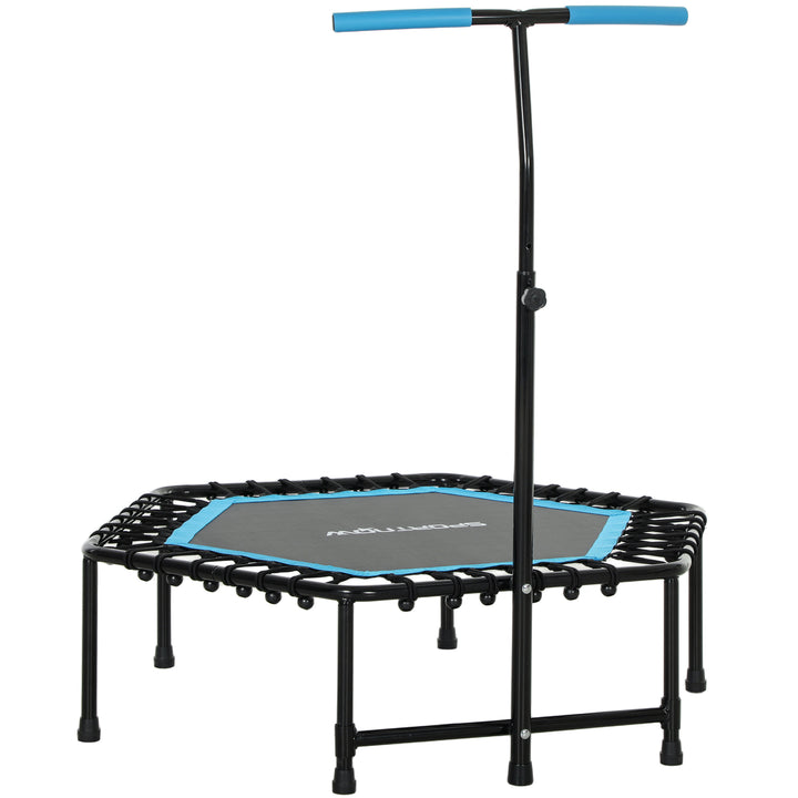 Trampolim Fitness 114x114x132 cm Trampolim Fitness com Guiador Ajustável em 3 Níveis Estrutura de Aço para Treino de Perna Corpo em Casa Escritório Ginásio Azul
