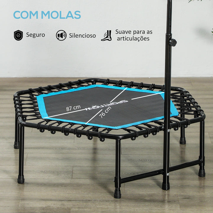 Trampolim Fitness 114x114x132 cm Trampolim Fitness com Guiador Ajustável em 3 Níveis Estrutura de Aço para Treino de Perna Corpo em Casa Escritório Ginásio Azul
