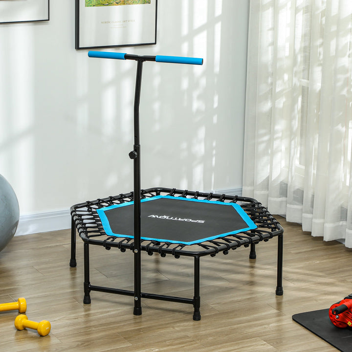 Trampolim Fitness 114x114x132 cm Trampolim Fitness com Guiador Ajustável em 3 Níveis Estrutura de Aço para Treino de Perna Corpo em Casa Escritório Ginásio Azul