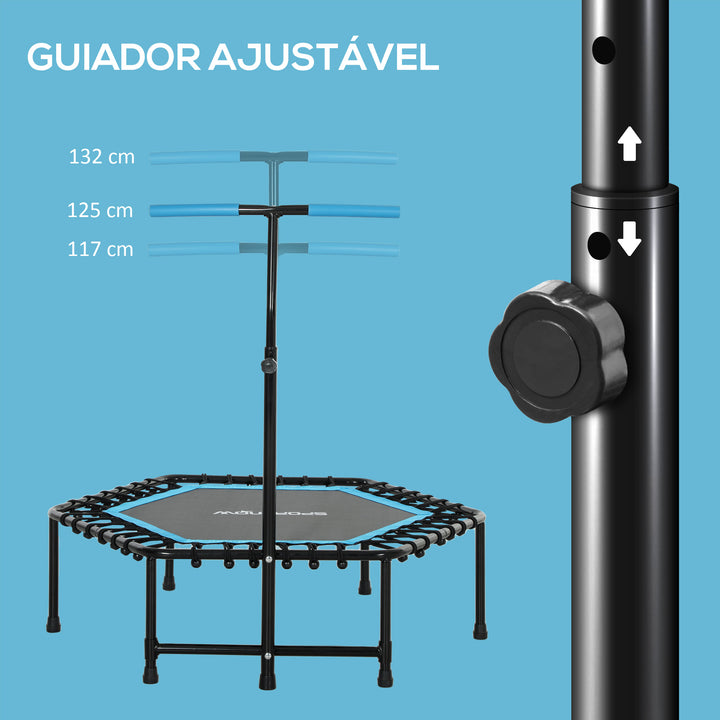 Trampolim Fitness 114x114x132 cm Trampolim Fitness com Guiador Ajustável em 3 Níveis Estrutura de Aço para Treino de Perna Corpo em Casa Escritório Ginásio Azul