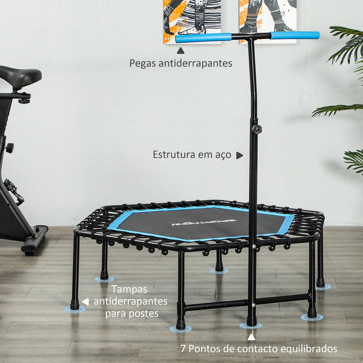 Trampolim Fitness 114x114x132 cm Trampolim Fitness com Guiador Ajustável em 3 Níveis Estrutura de Aço para Treino de Perna Corpo em Casa Escritório Ginásio Azul
