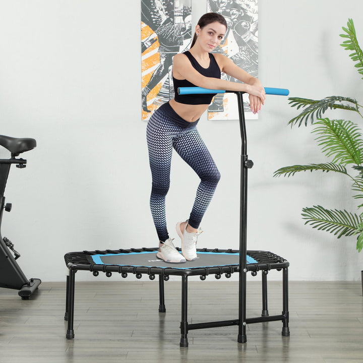 Trampolim Fitness 114x114x132 cm Trampolim Fitness com Guiador Ajustável em 3 Níveis Estrutura de Aço para Treino de Perna Corpo em Casa Escritório Ginásio Azul