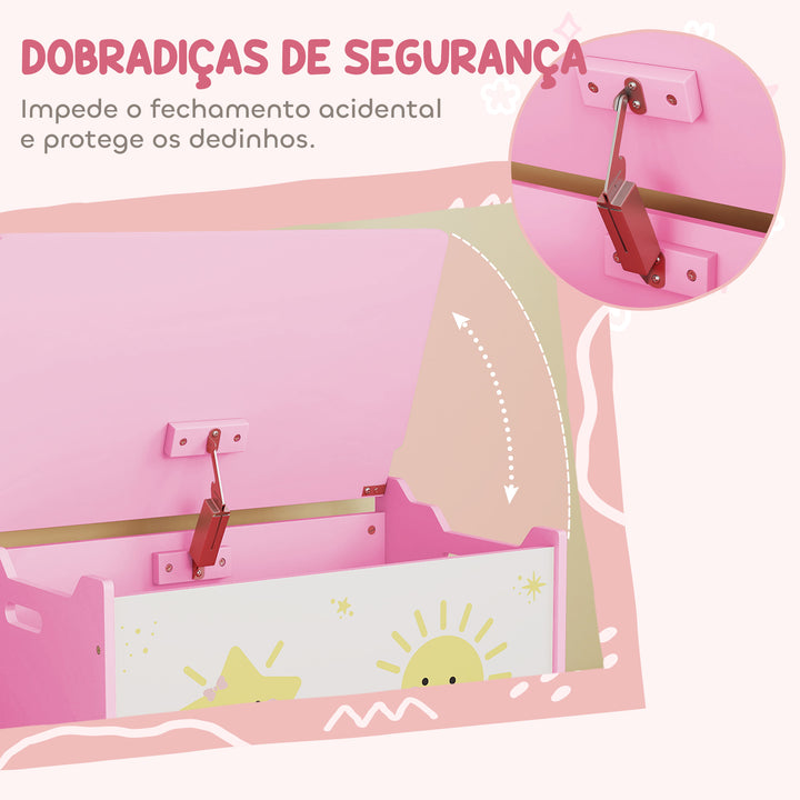 Baú Brinquedos Infantil 53 L Caixa de Arrumação Brinquedos Organizador Brinquedos com Tampa Rebatível Pistão a Gás para Livros Roupas 60x37x39 cm Rosa