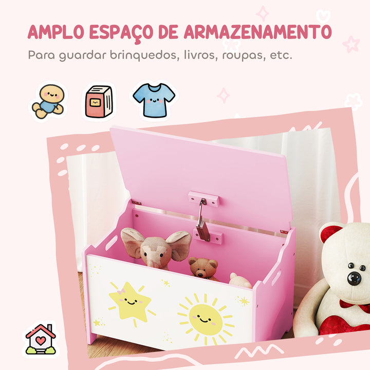 Baú Brinquedos Infantil 53 L Caixa de Arrumação Brinquedos Organizador Brinquedos com Tampa Rebatível Pistão a Gás para Livros Roupas 60x37x39 cm Rosa
