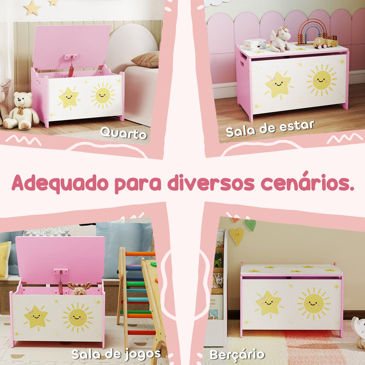 Baú Brinquedos Infantil 53 L Caixa de Arrumação Brinquedos Organizador Brinquedos com Tampa Rebatível Pistão a Gás para Livros Roupas 60x37x39 cm Rosa