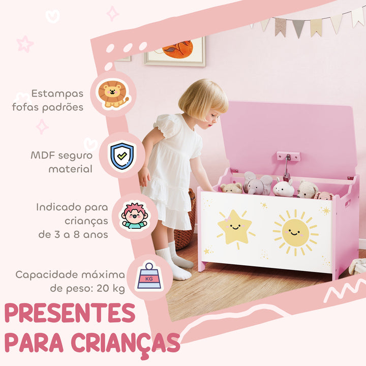 Baú Brinquedos Infantil 53 L Caixa de Arrumação Brinquedos Organizador Brinquedos com Tampa Rebatível Pistão a Gás para Livros Roupas 60x37x39 cm Rosa