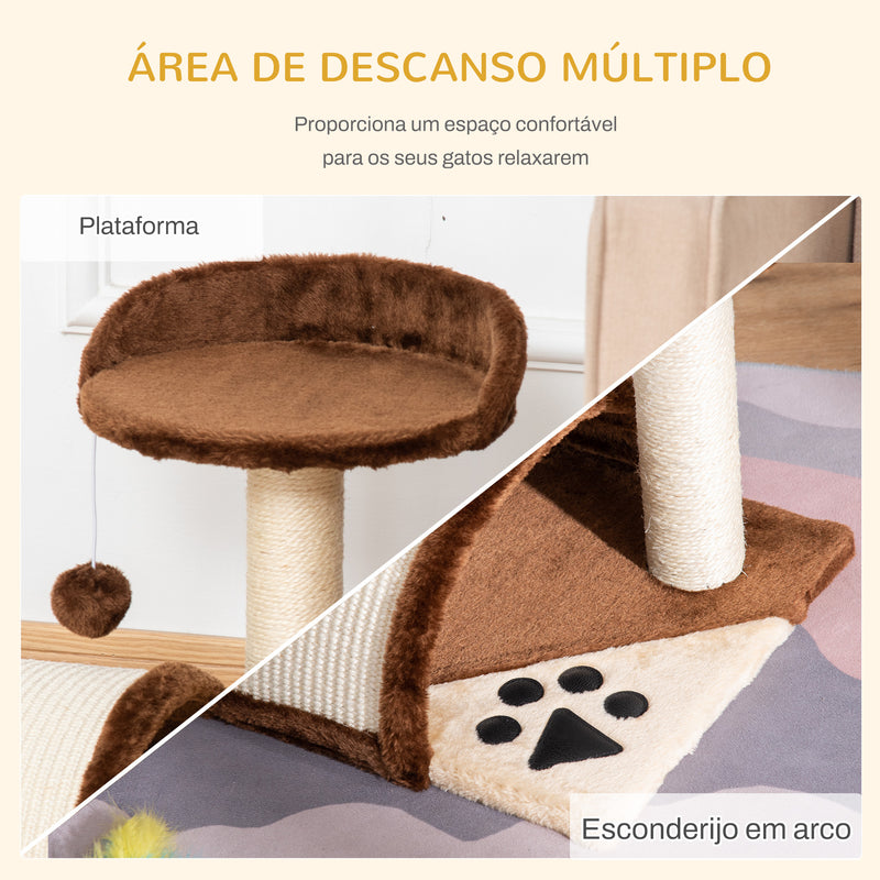 Árvore Arranhador para Gatos Pequena Altura 46 cm de 2 Níveis com Poste e Tapete de Arranhar Cama e Bola Suspensa 35,5x37x46 cm Marrom