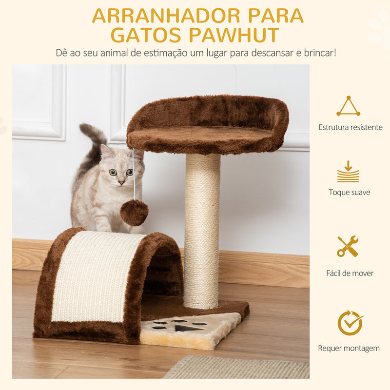 Árvore Arranhador para Gatos Pequena Altura 46 cm de 2 Níveis com Poste e Tapete de Arranhar Cama e Bola Suspensa 35,5x37x46 cm Marrom