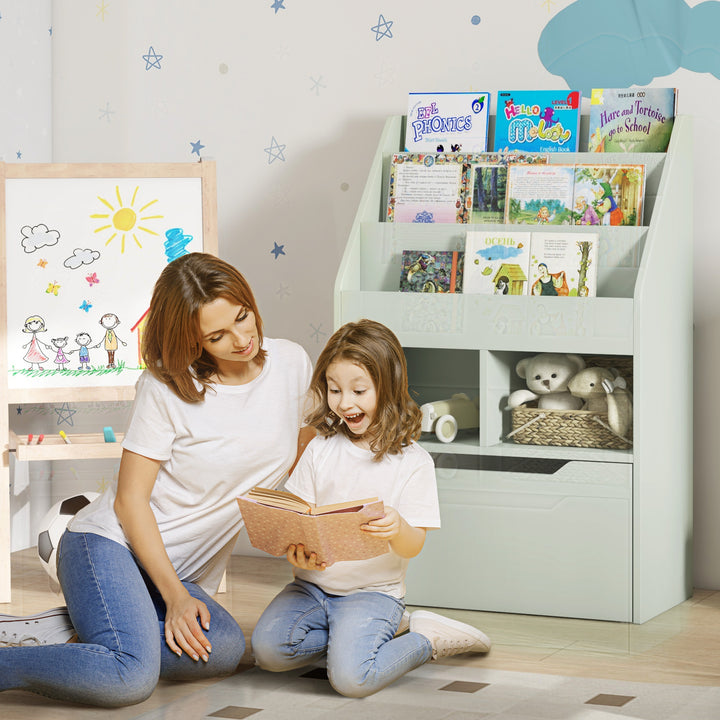 Estante de Madeira para Brinquedos com 3 Compartimentos 2 Prateleiras e Gaveta Móvel com 4 Rodas Estante para Livros Infantil para Dormitório Infantil Sala de Jogos 60x29,9x90 cm Verde