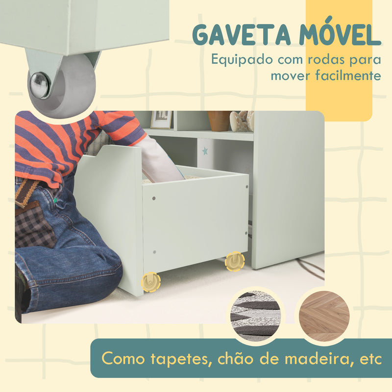 Estante de Madeira para Brinquedos com 3 Compartimentos 2 Prateleiras e Gaveta Móvel com 4 Rodas Estante para Livros Infantil para Dormitório Infantil Sala de Jogos 60x29,9x90 cm Verde