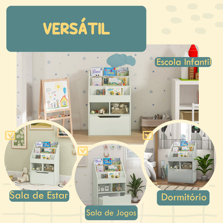 Estante de Madeira para Brinquedos com 3 Compartimentos 2 Prateleiras e Gaveta Móvel com 4 Rodas Estante para Livros Infantil para Dormitório Infantil Sala de Jogos 60x29,9x90 cm Verde