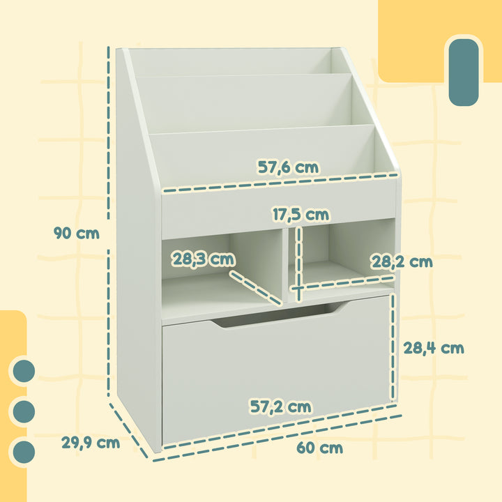 Estante de Madeira para Brinquedos com 3 Compartimentos 2 Prateleiras e Gaveta Móvel com 4 Rodas Estante para Livros Infantil para Dormitório Infantil Sala de Jogos 60x29,9x90 cm Verde