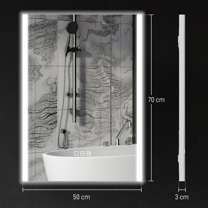Espelho de Casa de Banho com Luz LED 70x50 cm Espelho de Casa de Banho com 3 Cores de Luz Função Antiembaciamento Função de Memória IP44 Horizontal ou Vertical