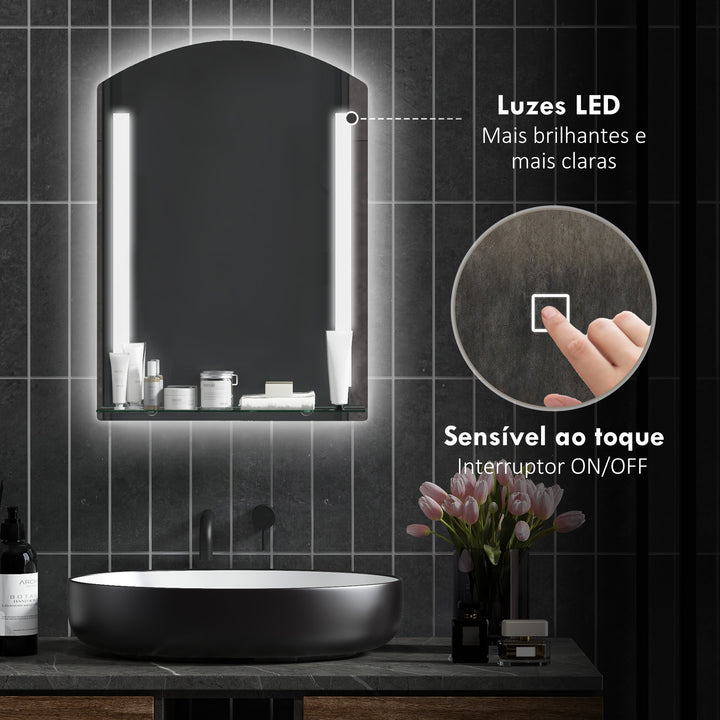 Espelho Casa de Banho com Luzes LED 70x50 cm Espelho Casa de Banho com Interruptor Tátil Iluminação Ajustável Função de Memória e Prateleira de Vidro para Casa de Banho Entrada Prata