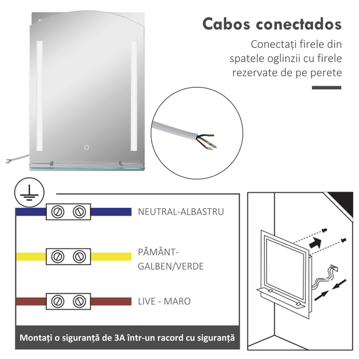 Espelho Casa de Banho com Luzes LED 70x50 cm Espelho Casa de Banho com Interruptor Tátil Iluminação Ajustável Função de Memória e Prateleira de Vidro para Casa de Banho Entrada Prata
