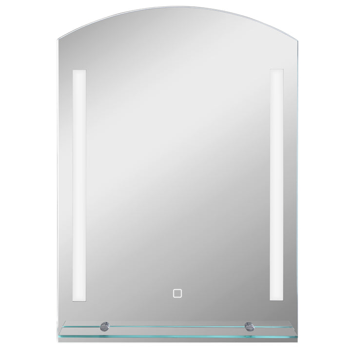 Espelho Casa de Banho com Luzes LED 70x50 cm Espelho Casa de Banho com Interruptor Tátil Iluminação Ajustável Função de Memória e Prateleira de Vidro para Casa de Banho Entrada Prata