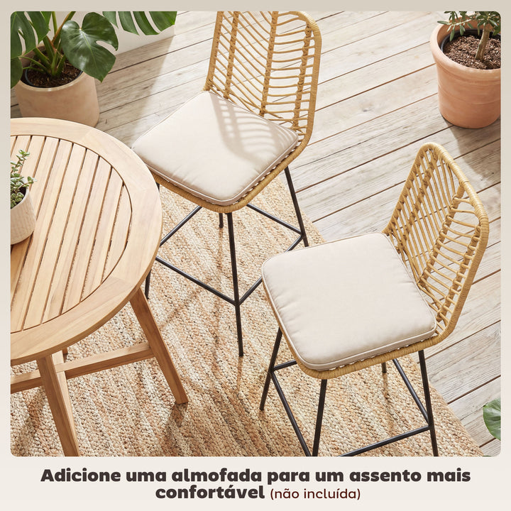 Bancos Altos de Cozinha Conjunto de 2 Bancos de Vime Sintético Bancos de Bar Modernos com Pés de Aço Carga Máxima 120 kg 42,5x52x102 cm Madeira e Preto