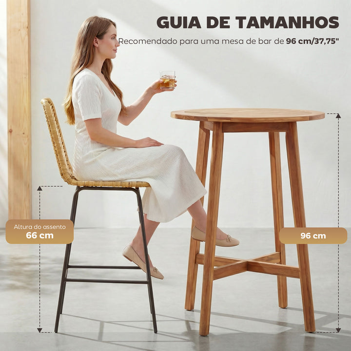 Bancos Altos de Cozinha Conjunto de 2 Bancos de Vime Sintético Bancos de Bar Modernos com Pés de Aço Carga Máxima 120 kg 42,5x52x102 cm Madeira e Preto