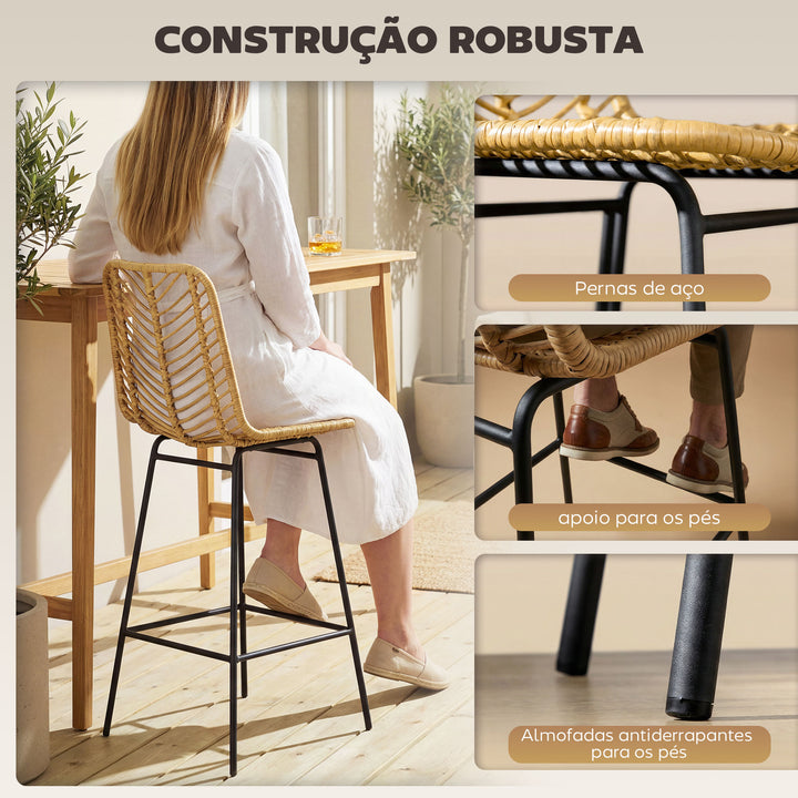 Bancos Altos de Cozinha Conjunto de 2 Bancos de Vime Sintético Bancos de Bar Modernos com Pés de Aço Carga Máxima 120 kg 42,5x52x102 cm Madeira e Preto