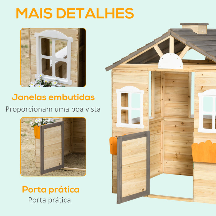 Casa de Jardim de Madeira Casa de Madeira de Exterior para Crianças de 3-7 Anos com Janelas 2 Floreiras e 1 Banco 113x94x134,5 cm Madeira