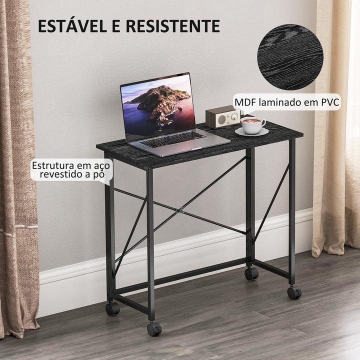 Secretária Dobrável com Rodas Mesa de Secretária Compacta Mesa para Computador Portátil para Casa Escritório Espaços Pequenos 80x40x75 cm Preto