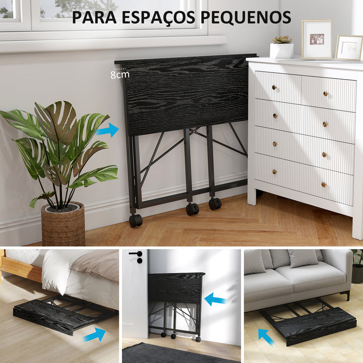 Secretária Dobrável com Rodas Mesa de Secretária Compacta Mesa para Computador Portátil para Casa Escritório Espaços Pequenos 80x40x75 cm Preto