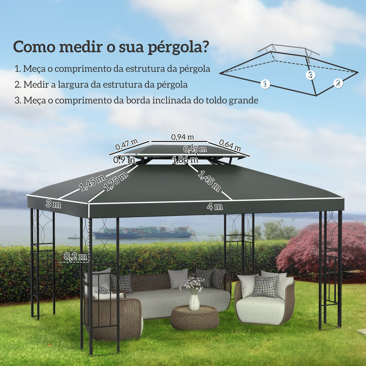 Cobertura de Substituição 4x3m para Pérgola de Jardim 2 Níveis Respirável com 10 Orifícios de Drenagem Cobertura de Substituição de Pérgola Exterior Cinza