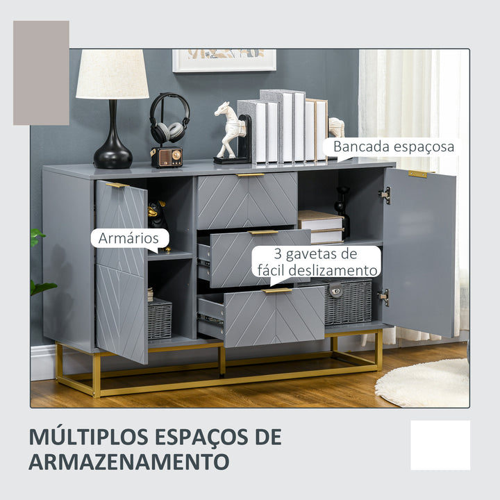 Aparador Auxiliar Armário de Armazenamento com 3 Gavetas e 2 Armários com Porta Prateleira Ajustável para Sala de Estar Cozinha 120x40x76 cm Cinza