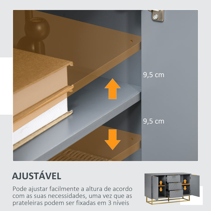 Aparador Auxiliar Armário de Armazenamento com 3 Gavetas e 2 Armários com Porta Prateleira Ajustável para Sala de Estar Cozinha 120x40x76 cm Cinza