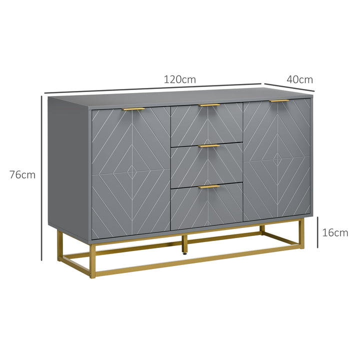 Aparador Auxiliar Armário de Armazenamento com 3 Gavetas e 2 Armários com Porta Prateleira Ajustável para Sala de Estar Cozinha 120x40x76 cm Cinza