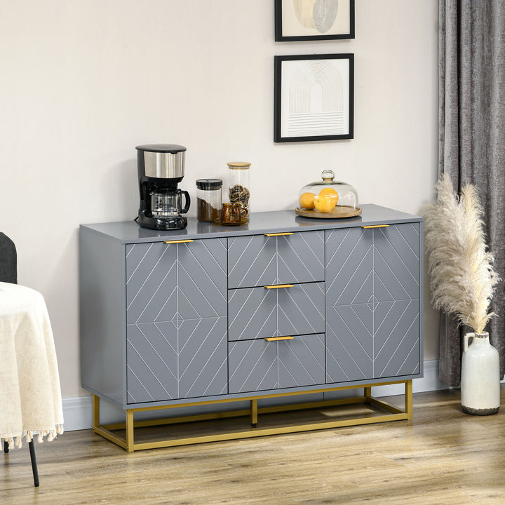 Aparador Auxiliar Armário de Armazenamento com 3 Gavetas e 2 Armários com Porta Prateleira Ajustável para Sala de Estar Cozinha 120x40x76 cm Cinza