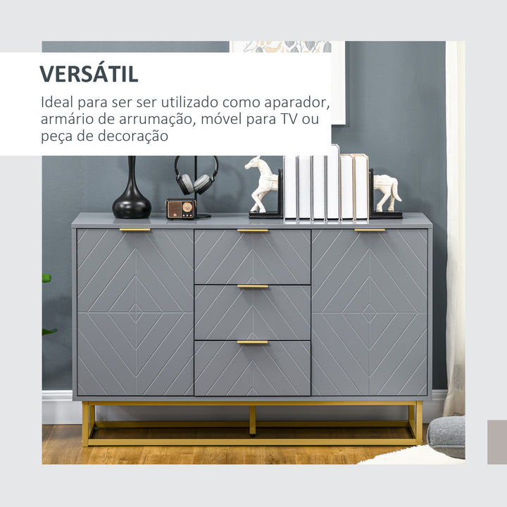 Aparador Auxiliar Armário de Armazenamento com 3 Gavetas e 2 Armários com Porta Prateleira Ajustável para Sala de Estar Cozinha 120x40x76 cm Cinza