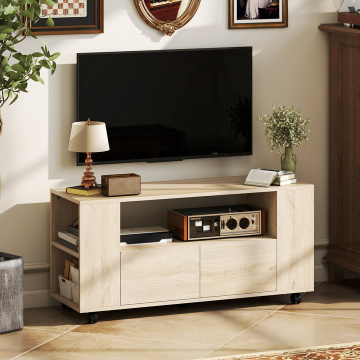 Móvel de TV com Rodas Mesa de TV Móvel Móvel para Televisão até 42 Polegadas com 2 Gavetas Prateleiras Ajustáveis para Sala de Estar Quarto 102x34,5x48,5 cm Madeira