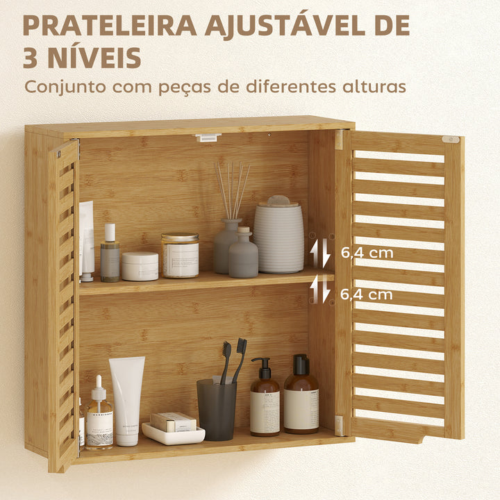 Armário de Parede de Bambu Móvel de Casa de Banho Suspenso com Prateleira Ajustável Portas de Ripas Armário de Armazenamento para Cozinha Lavandaria Sobre o Sanita 60x20x60 cm Madeira