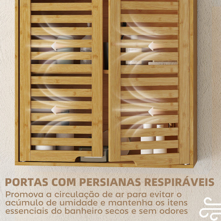 Armário de Parede de Bambu Móvel de Casa de Banho Suspenso com Prateleira Ajustável Portas de Ripas Armário de Armazenamento para Cozinha Lavandaria Sobre o Sanita 60x20x60 cm Madeira