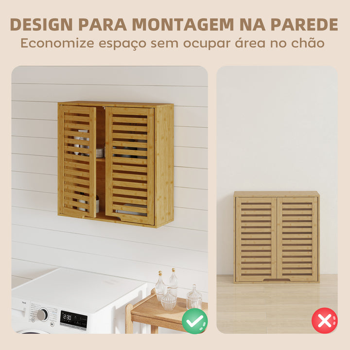 Armário de Parede de Bambu Móvel de Casa de Banho Suspenso com Prateleira Ajustável Portas de Ripas Armário de Armazenamento para Cozinha Lavandaria Sobre o Sanita 60x20x60 cm Madeira