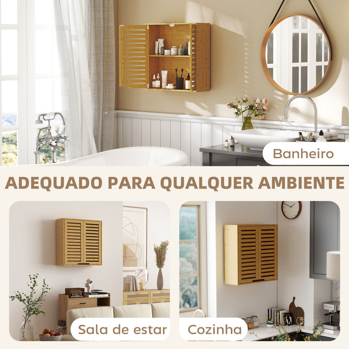 Armário de Parede de Bambu Móvel de Casa de Banho Suspenso com Prateleira Ajustável Portas de Ripas Armário de Armazenamento para Cozinha Lavandaria Sobre o Sanita 60x20x60 cm Madeira