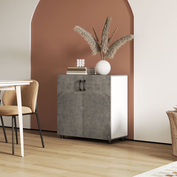 Aparador de 2 Portas de Fechamento Suave Aparador de Sala de Estar com Prateleira Móvel Auxiliar para Cozinha Quarto Entrada 80x37x80 cm Cinza Cimento e Branco Brilho