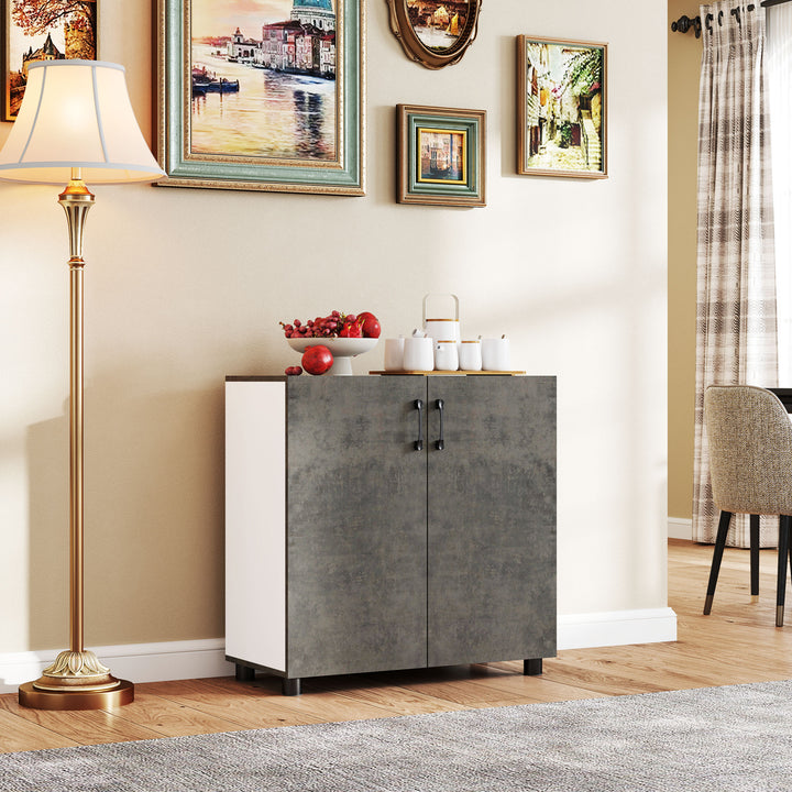 Aparador de 2 Portas de Fechamento Suave Aparador de Sala de Estar com Prateleira Móvel Auxiliar para Cozinha Quarto Entrada 80x37x80 cm Cinza Cimento e Branco Brilho