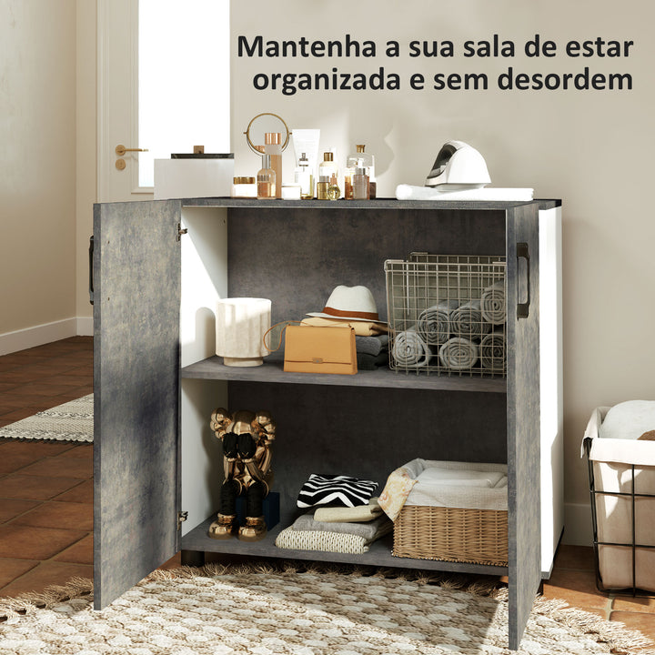Aparador de 2 Portas de Fechamento Suave Aparador de Sala de Estar com Prateleira Móvel Auxiliar para Cozinha Quarto Entrada 80x37x80 cm Cinza Cimento e Branco Brilho